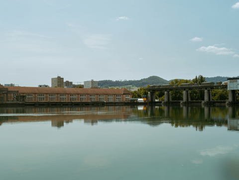 Rhein mit Wasserkraftwerk Wyhlen, Brücke und spiegelnden Gebäuden