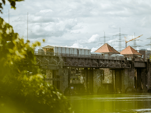 Wasserkraftwerk mit Brücke am Rhein Brücke mit Gebäuden über Fluss, im Hintergrund Strommasten, im Vordergrund Pflanzen