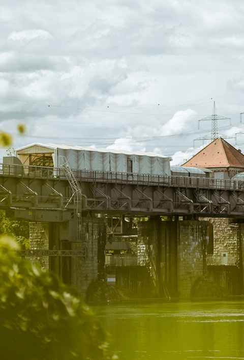 Brücke mit Gebäuden über Fluss, im Hintergrund Strommasten, im Vordergrund Pflanzen