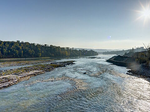 Flusslandschaft Rhein im Abendlicht Fluss Rhein im Abendlicht mit spiegelnder Wasseroberfläche und Ufervegetation
