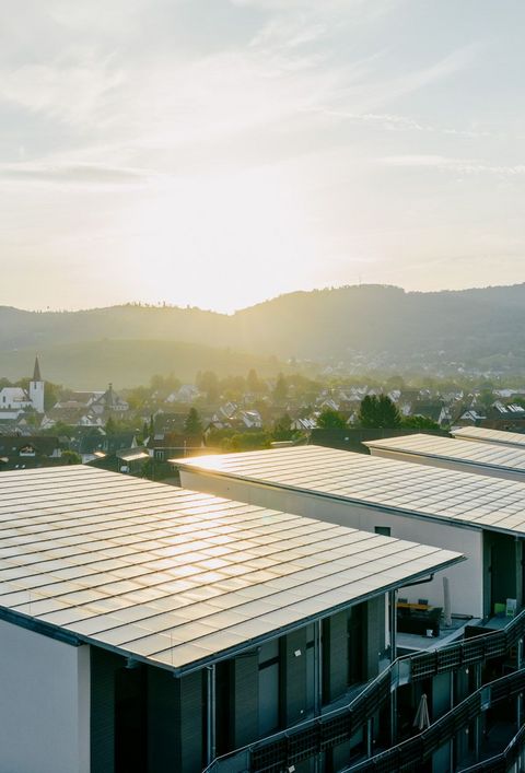 Solaranlage von naturenergie in Schallstadt auf den Dächern von Gebäuden in einer Wohngegend. Im Hintergrund sind Hügel und eine Kirche unter einem bewölkten Himmel bei Sonnenuntergang zu sehen.