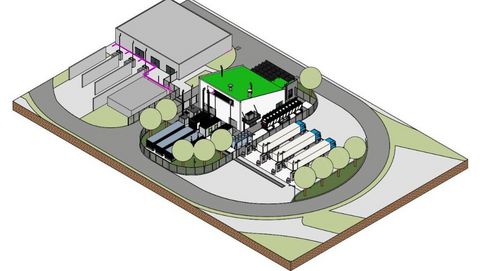 Eine schematische Darstellung einer industriellen Anlage von naturenergie. Das Bild zeigt verschiedene Gebäude, Tanks und Rohrleitungen, umgeben von Bäumen und Straßen.