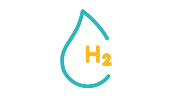 Stilisiertes Symbol eines Wassertropfens mit gelber H₂-Formel für Wasserstoff